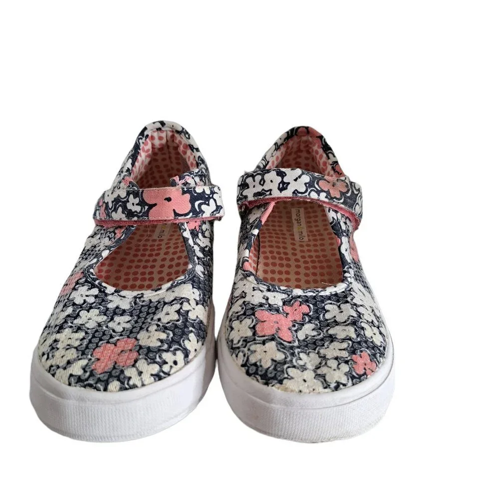 Morgan & Milo Girl's Pink Black & White Mary Jane Floral Canvas Sneakers Size 2